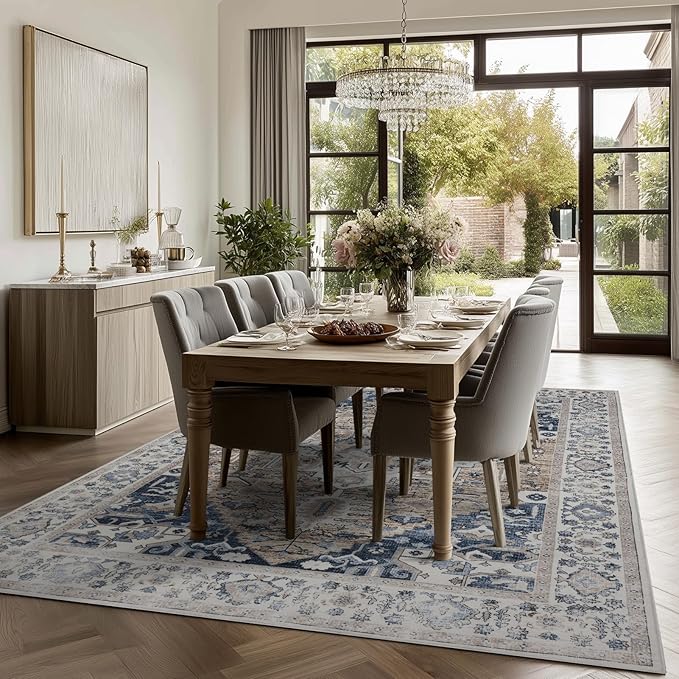 4x6 Washable Area Rug for Living Room, Carpet for Bedroom, Soft Faux Wool Retro Dining Room Rug, Non Slip&Non-Shedding Resistant Low Pile Vintage Print Rug for Home Office (Taupe/Blue)