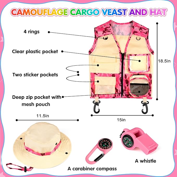 INNOCHEER Kids Explorer Kit & Bug Catcher Kit & Safari Costume Kit, Outdoor Exploration Set with Hat, Vest, Butterfly Net and Bugs Book for Boys Girls 3-12 Years Old (Camouflage Pink)