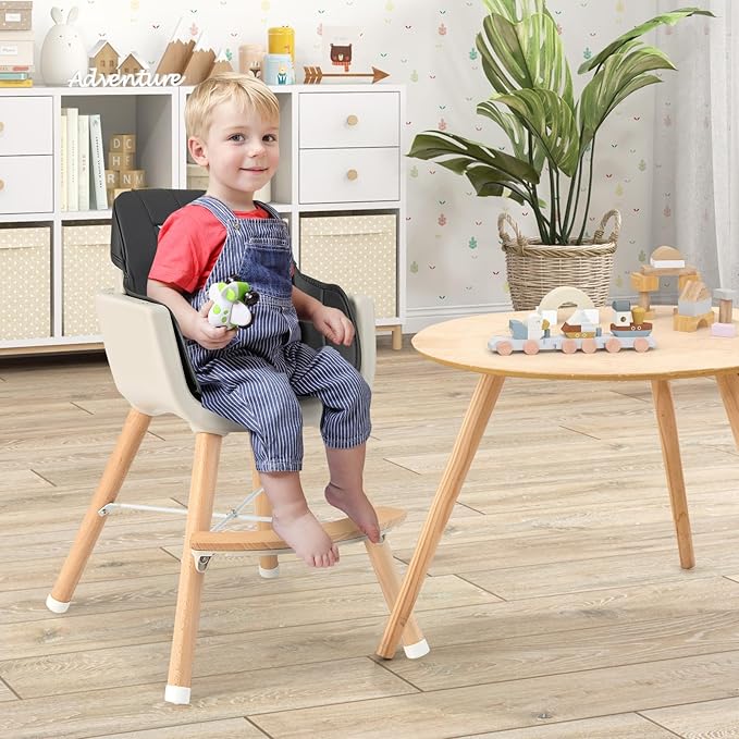 HONEY JOY Baby High Chair, 6-in-1 Eat & Grow Wooden Highchair/Toddler Chair with Removable Tray, 5-Point Harness, PU Cushion and Footrest, Convertible High Chair for Babies and Toddlers(Black)
