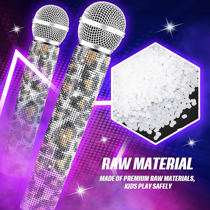 Sanwuta Fake Microphone Prop Sparkly Bling Rhinestones Plastic Play Microphone Pretend Glitter Bedazzled Mic for Cosplay Party Costume(Leopard)