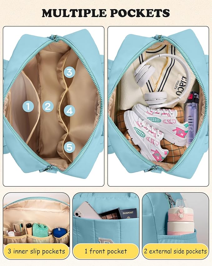 Duffle Bag, Weekender Bags for Girl，Travel Essentials for Women-Initial Overnight Bag with Wet Pocket，Monogrammed Gift-Lightweight Dance Bags Personalized Gymnastics bag with Makeup Pouch