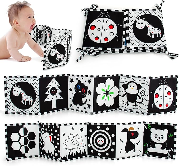 Cawgug Black and White High Contrast Baby Toys for Newborn Brain Development Tummy Time Soft Book Babies 0-3 6-12 Months Montessori Learning Activities Infant and Sensory Visual Stimulation Toys