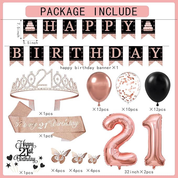 21st Birthday Decorations for Girls Women - 56pcs Rose Gold Happy 21st Banner, 21st Birthday Crown Sash, Cake Topper, Number 21 balloons, 3D Butterflies, 4 Balloon Stands kits