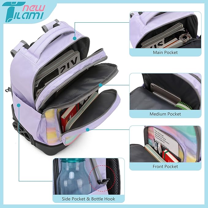 NEW TILAMI 18 inch Rolling Backpack for Kids – Waterproof, Stair-Climbing, Adjustable Handle, Variety of Colors & Patterns for School, Mood Map