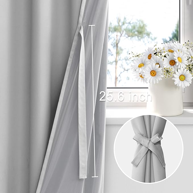 XWZO Full Shading Blackout Curtains 72 Inches Length - Heat and Light Blocking Rod Pocket Window Drapes with Black Liner Backing for Bedroom Sewn with Tiebacks, Light Grey, W52 x L72, Set of 2