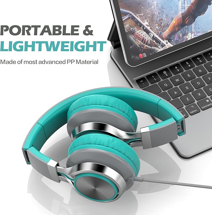 AILIHEN C8 Kids Headphones Wired USB C, USB-C Headphones with Microphone & Volume Control, Foldable Stereo Sound Tangle-Free Type C Cord, Compatible with Cellphone, Laptop, PC, Computer (Grey Mint)