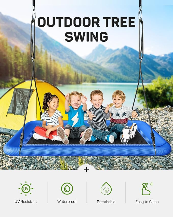 Tree Swing for Kids and Adults, 60" Waterproof Rectangle Platform Swing, 700lbs Heavy Duty with Adjustable Straps, Blue