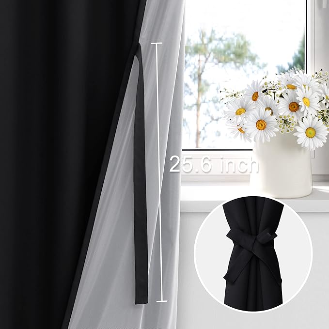 XWZO 100% Blackout Curtains 95 Inches Long with Tiebacks- Privacy Protection & Noise Blocking Rod Pocket Window Draperies with Black Liner for Bedroom/Living Room, Black, W52 x L95, Set of 2