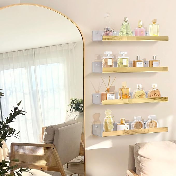 2 Pack 24 Inch Gold Reflective Acrylic Shelves, Gold Foating Shelves, Modern Sunglasses Essential Oil Picture Ledge Display Toy Storage Shelf