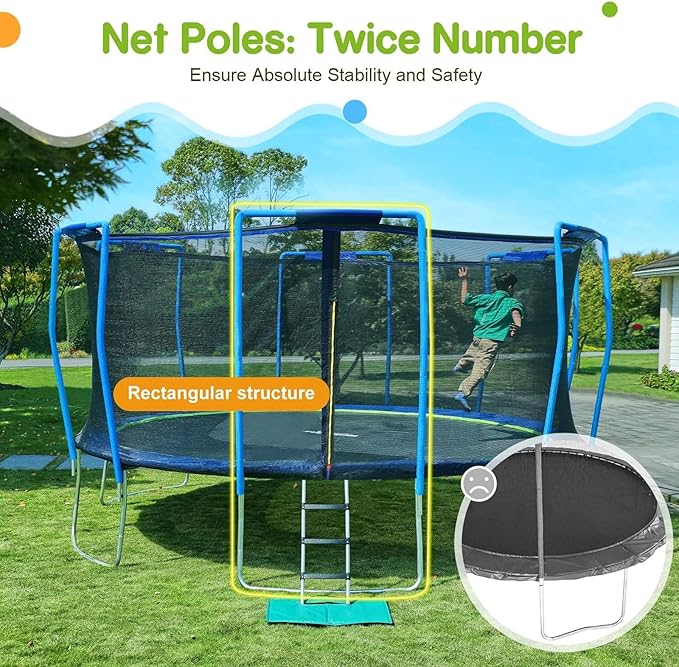 Zupapa Trampolines No-Gap Design 1500 LBS Weight Capacity 16 15 14 12 10 8FT for Kids Children with Safety Enclosure Net Outdoor Backyards Large Recreational Trampoline