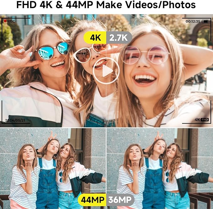 Digital Camera, FHD 4K 44MP Digital Camera, 16X Digital Zoom, Digital Point and Shoot Camera with 3-LED Fill Lights, 64GB SD Card, Compact Camera for Kids Teen Boys Girls, Cream