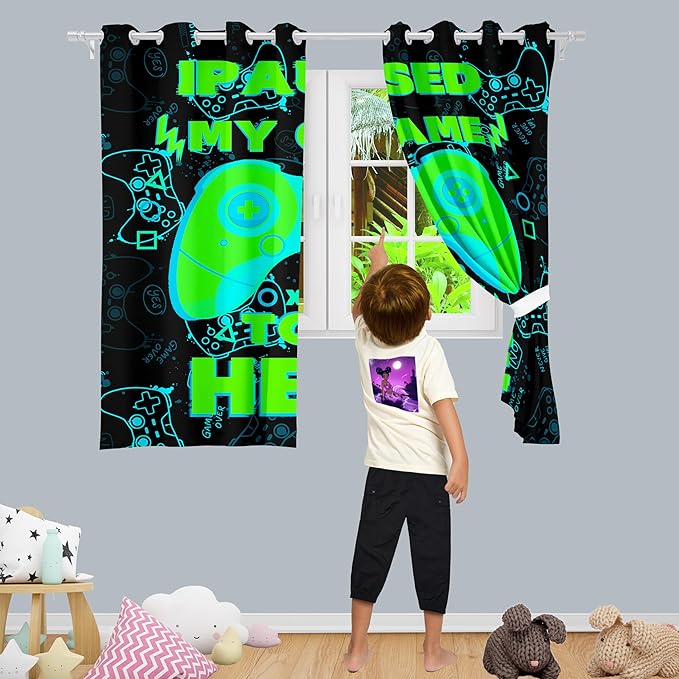 Gaming Curtain for Boys - 2Pcs Gamer Curtain Panels for Boys Bedroom Blackout Drapes Modern Games Patterns Windows Curtains Green Game Room Decor Grommet Top Thermal Insulated Curtains, 82" x 63"