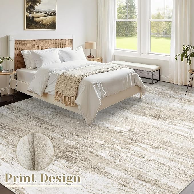 Washable Rug 9x12 Area Rugs for Living Room: Large Neutral Soft Rug Abstract Non Slip Low Pile Modern Carpet for Bedroom Kitchen Nursery Office Dining Room Indoor (Beige, 9'x12')