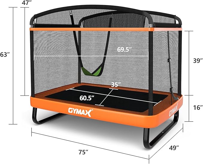 GYMAX Trampoline for Kids, 6FT Toddler Trampoline with Swing & Enclosure Safety Net, ASTM Approved Rectangle Recreational Trampoline for Indoor/Outdoor, Birthday for Baby Boys & Girls