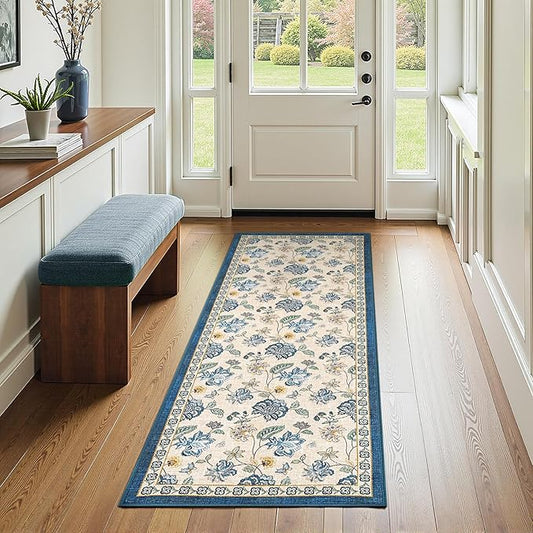 jinchan 2x5 Floral Runner Rug for Hallway Washable Kitchen Runner Vintage Romance Design Non Slip Thin Indoor Floor Cover Low-Profile Throw Carpet for Entryway Bathroom Bedroom Porch, Blue/Beige