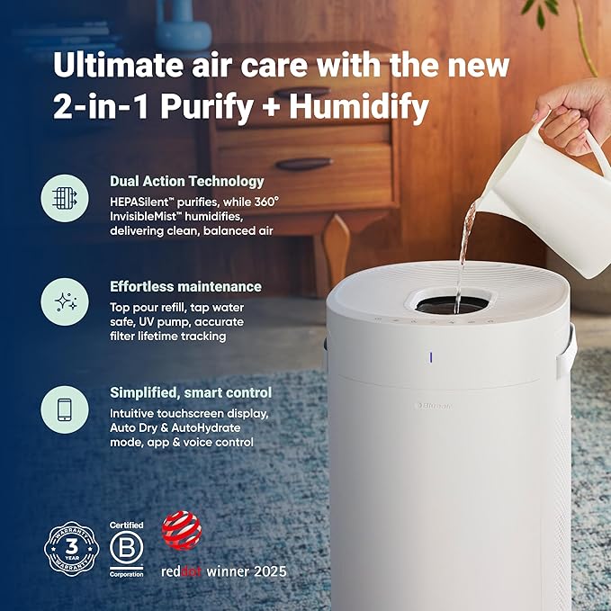 BLUEAIR 2-in-1 Purify + Humidify: Air Purifier and Humidifier with HEPASilent™ and 360° InvisibleMist™ Technology, Top Pour - covers 1,726 sqft in 60 minutes - Perfectly balanced air, one product