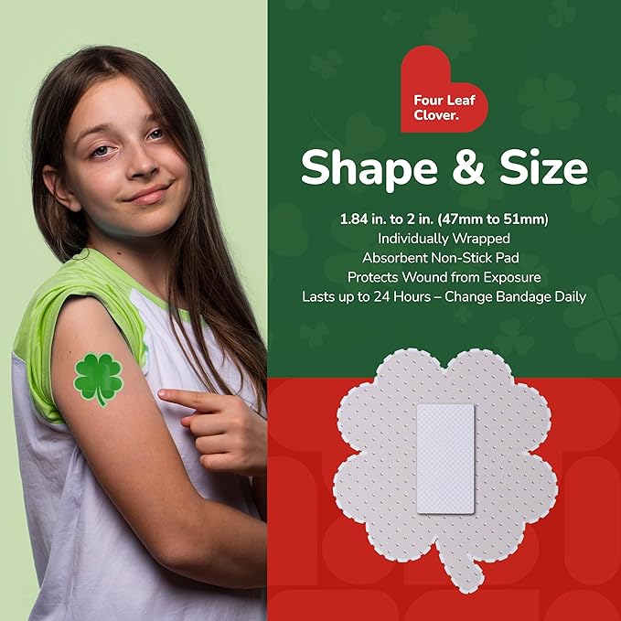 BioSwiss Bandages, 4 Leaf Clover Shaped Self Adhesive Bandage, Latex Free Wound Care, Fun First Aid Kit Supplies for Kids and Adults, 50 Count