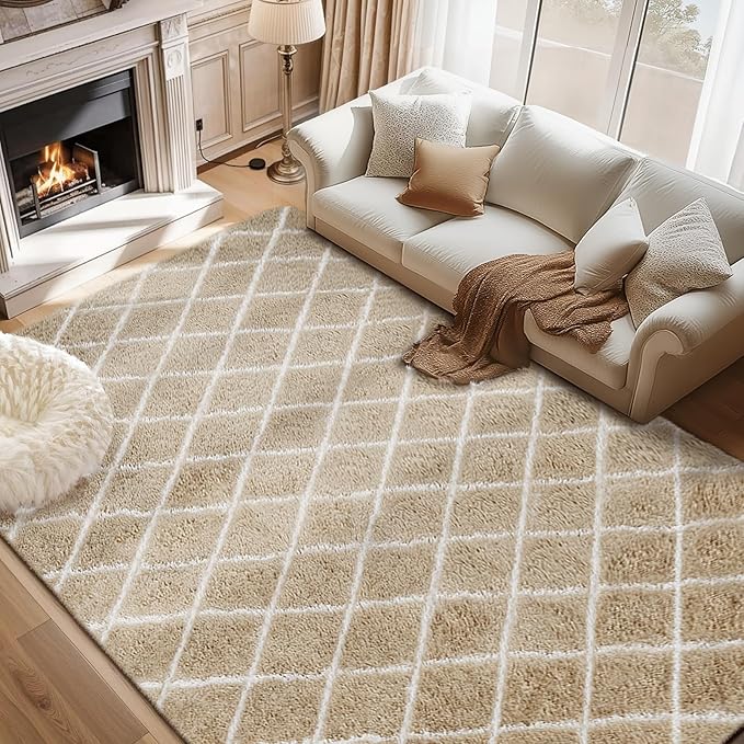 Fluffy Rug for Bedroom, 8X10Feet Stripe Checkered Rug Anti-Skid High Pile for Living Room Bedroom Kids Room Nursery, Dorm Home Decor