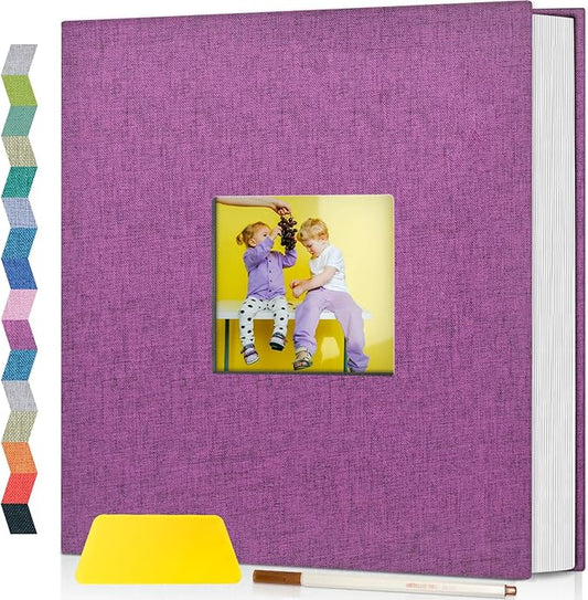 popotop Photo Album Self Adhesive with Picture Display Window,60 Pages DIY Scrapbooking Supplies Kit for 4x6 8x10 Picture,Linen Cover Memory Book for Baby Wedding, with Scraper and Metallic Pen