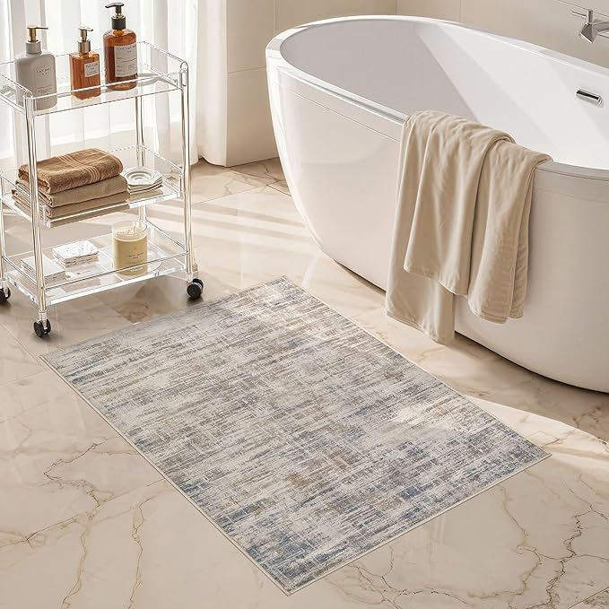 2x3 Entryway Area Rugs: Washable Neutral Abstract Small Rug Door Mat Non-Slip Soft Low Pile Indoor Carpe for Entrance Kitchen Front Door Bathroom Entry Kids Room - Brown