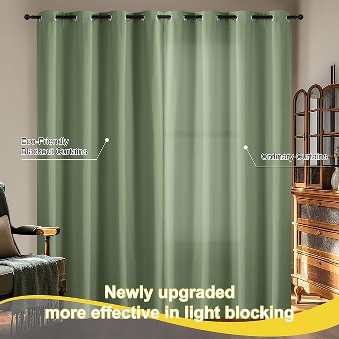 NICETOWN 100% Blackout Short Curtains for Kids Bedroom, Thermal Insulated Window Curtains 63 Inch Length 2 Panels Set, Grommet Top Drapes for Living Room, 52" W x 63" L, Olive