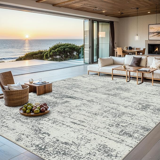 Area Rugs 10x14 Living Room - Washable Rug Modern Abstract Soft Large Neutral Non-Slip Carpet Indoor Floor Thin Carpets for Bedroom Dining Room Farmhouse Nursery Home Office Grey