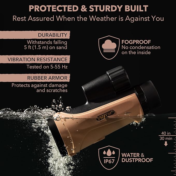 12x50 Monocular Telescope - FMC Fogproof, IP67 Waterproof Hand Held Telescope - BAK4 Phase and Dielectric Coated Prism - Adventure Accessories Set: Bag, Smartphone Adapter, Mini Tripod