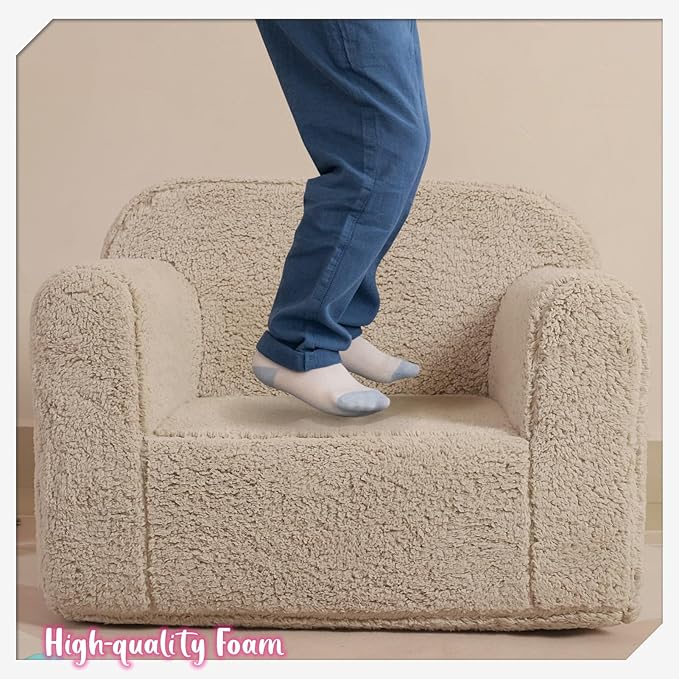 Kids Snuggly-Soft Sherpa Chair, Cuddly Toddler Foam Chair for Boys and Girls, Light Grey
