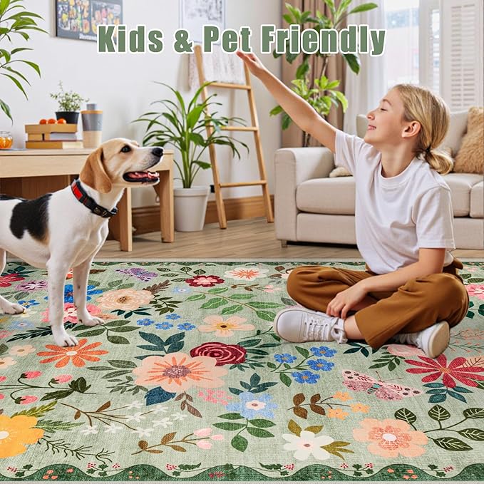 Area Rug Living Room Rugs: Floral 5x7 Washable Rug Vintage Soft Boho Non-Slip Carpet Indoor Stain Resistant Large Carpets for Bedroom Dining Room Farmhouse Nursery Hallway Home Office Green