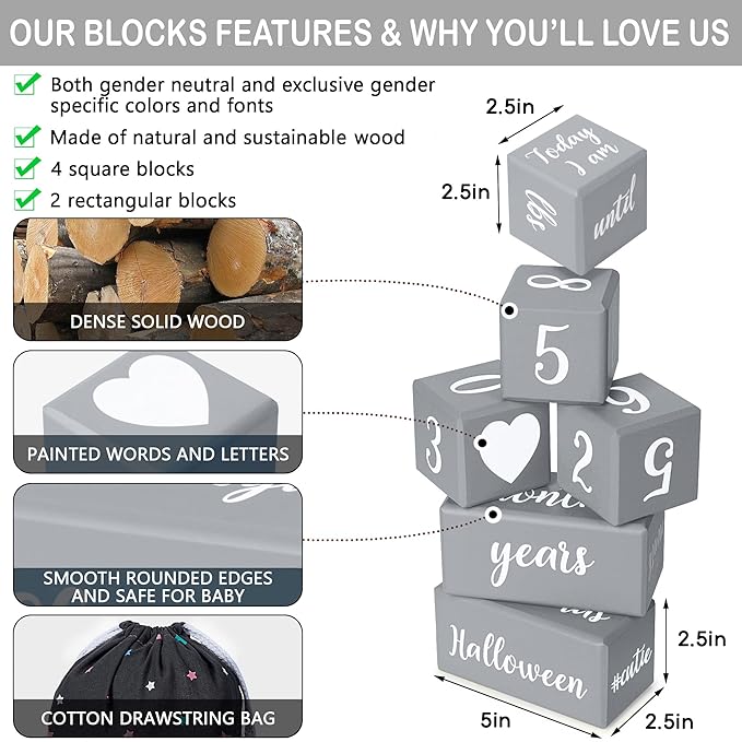 Gray Monthly Milestone Blocks with Bag. Baby Age Blocks for Girl or Boy Baby Photo Props. Month Baby Milestone Blocks with Grammatically Correct Month and Year