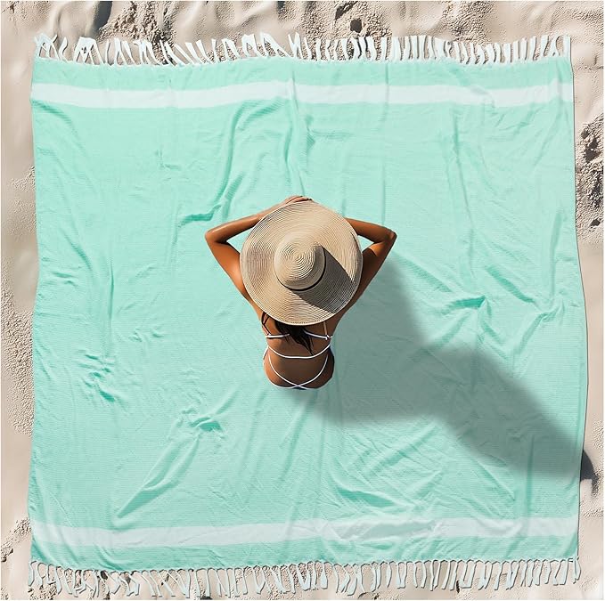Oversized Turkish Beach Towel Blanket XXL Cotton Sandproof Towels Boho Woven Extra Large Big Sand Free Giant Throw Thick Blankets Huge Quilt XL Picnic Camping Necessities Cloud For Adult Gifts Aqua