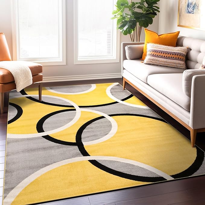 Rugshop Contemporary Abstract Circles Easy Maintenance for Home Office,Living Room,Bedroom,Kitchen Soft Area Rug 6'6" x 9' Yellow