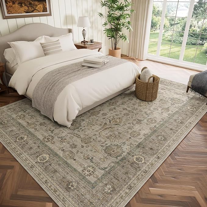 Washable 8x10 Area Rugs for Living Room, Boho Non-Slip Silicone Backing Rugs for Bedroom Dining Room Nursery Office, 0.3" Neutral Oriental Throw Carpet with 0.16" Cushioning Pad, Light Brown/Multi