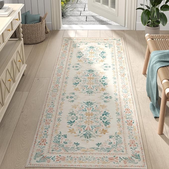 jinchan Hallway Runner Rug 2x8 Vintage Floral Distressed Design - Machine Washable Non-Slip Low-Pile Soft Thin Faux Wool Kitchen Carpet for Farmhouse Bedroom Laundry Room(2x8ft,Apricot Multi)