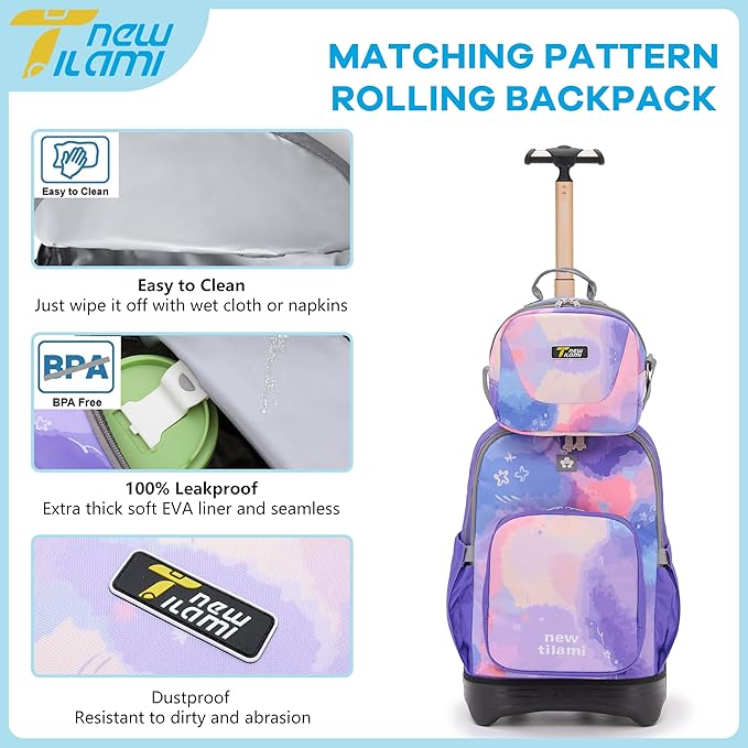 NEW TILAMI 18 inch Rolling Backpack Boys & Girls for School – Durable, Waterproof, Adjustable Handle, Ideal for Travel & Daily Use, Purple Sky