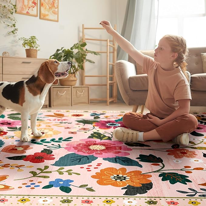 Floral 9x12 Area Rug Machine Washable Soft Print Boho Carpet Non Slip Doormat Low Pile Flower Area Rugs for Living Room Bedroom Nursery Kitchen Dining Room Indoor-Pink