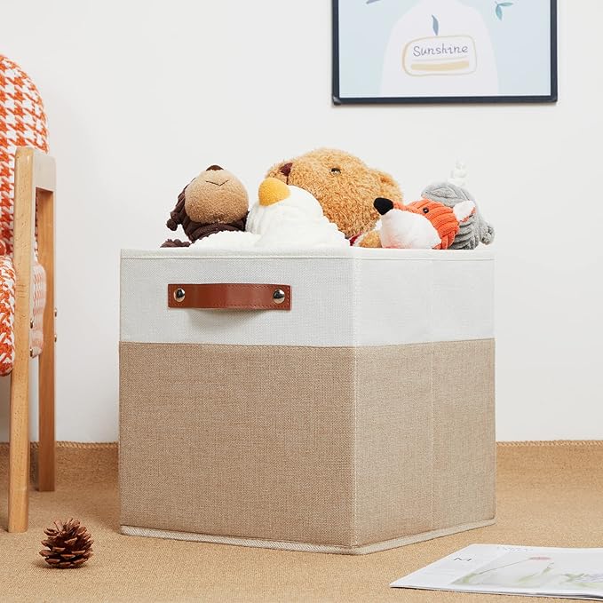 HNZIGE Fabric Storage Cubes, Cube Storage Bins 12 x 12, Set of 4, Decorative Storage Baskets for Shelves with Handles,Foldable Bins for Cube Shelf Organizer Home Toy Nursery Closet(Beige White)