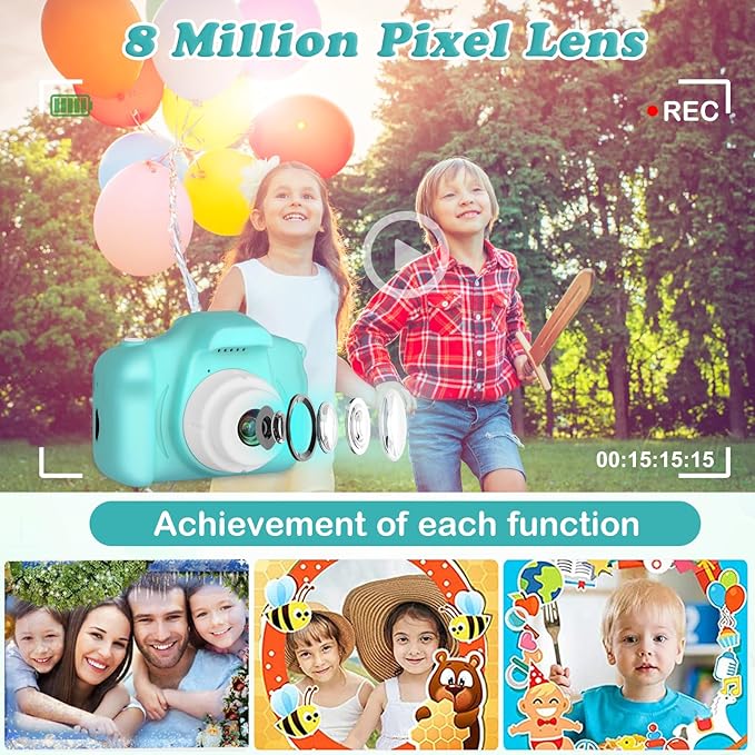 Kids Camera, HD Digital Video Camera, Childrens Toys for 3 4 5 6 7 8 9 Year Old Boys/Girls, Selfie Camera for Kids, Christmas Birthday Gifts with 32GB SD Card (Green)