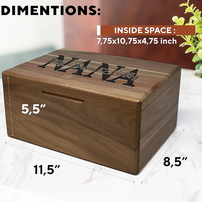 Gifts for Mom Birthday Unique - Wooden Keepsake Box with Names, Personalized Mothers Day Gifts from Son Acacia Wood Storage for Memories, Grandma Keepsake Box, Gift for Mom Bday, 11.5x8.5x5.5 in
