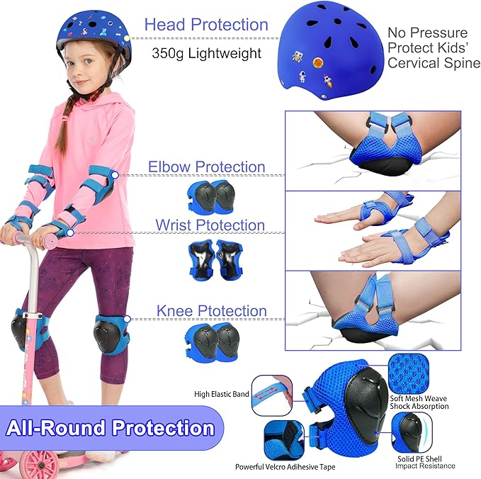 Kids Bike Helmet with DIY Stickers and Knee Pads Elbow Pads Wrist Guard Set for Ages 3-8-14 Toddler Boys Girls Helmet for Roller Skates Cycling Skateboarding Bicycle Scooter