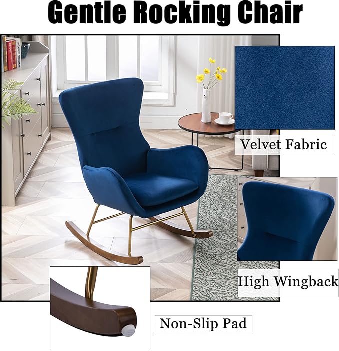 Velvet Rocking Accent Chair Upholstered Nursery Glider Rocker for Baby/Kids Comfy Nursing Lounge Side Chair for Living Room Bedroom, Blue