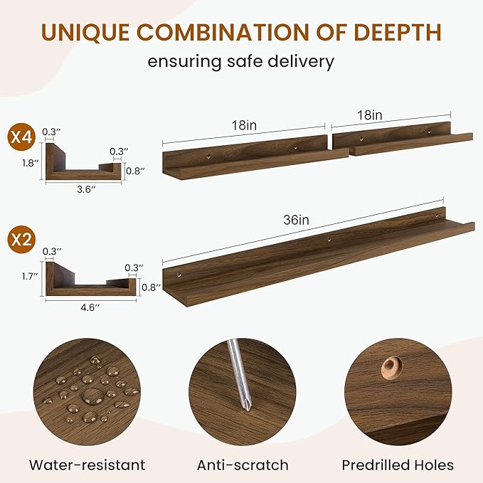 Axeman Picture Ledge Shelf, Floating Shelves for Wall Decor Storage Set of 6, 36 inch Floating Wall Mounted Shelves, Wall Shelves with Lip for Living Room, Bedroom, Nursery, Bathroom, Kitchen, Walnut