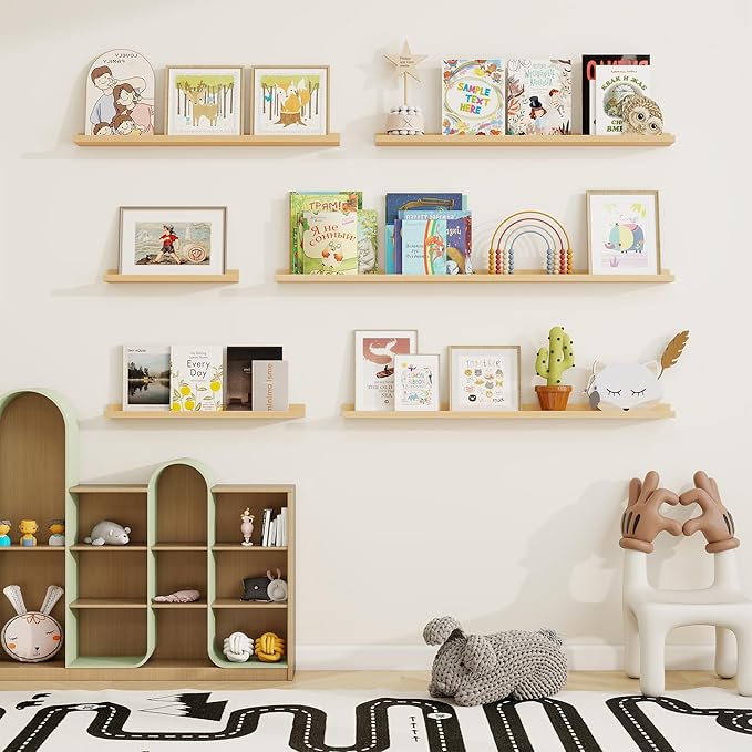 Picture Ledge Shelf, Solid Pine Wood Floating Shelves Set of 2, 40 Inches Nursery Book Shelves for Toys Storage, Kids Bookshelf Wall Mounted for Living Room Decor Photo Frames, Unfinished Natural