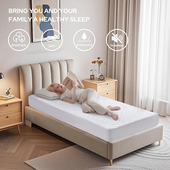 BEDLORE 2 Pack Waterproof Mattress Protector, Twin XL Size Mattress Pad with Deep Pocket Fitted Up to 6-15 inches, Soft Noiseless Single Bed Mattress Cover for Bedroom (White)