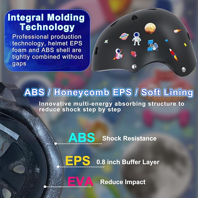 Kids Bike Helmet with DIY Stickers and Knee Pads Elbow Pads Wrist Guard Set for Ages 3-8-14 Toddler Boys Girls Helmet for Roller Skates Cycling Skateboarding Bicycle Scooter