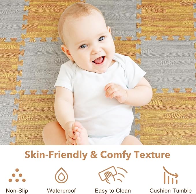 Skyweaver 12 Tiles Soft Non-Toxic Baby Play Mat for Floor EVA Foam Jigsaw Puzzle Play Mat, Interlocking Squares with 0.6inch for Babies, Toddlers & Kids Gym, Nursery, Playroom, Light Brown