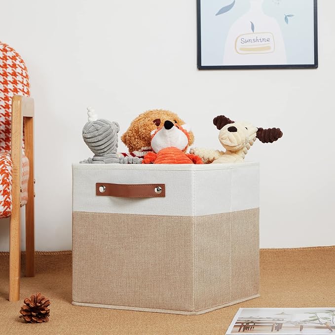 HNZIGE Fabric Storage Baskets Cubes Bins for Shelves, 11 x11 Foldable Storage Bins, Decorative Storage Basket with Leather Handles for Storage Clothes Home Nursery(White Beige-4Pack)