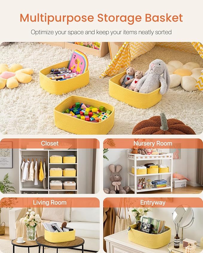 KALLAX Small Woven Basket, 13.5 x 9.5 x 5 Inches, Storage Basket for Organizing, Cute Small Rope Shelf Closet Cube Storage Bins Baskets for Shelves, Dog Toy Gift Baskets Empty, 3 Pack Yellow