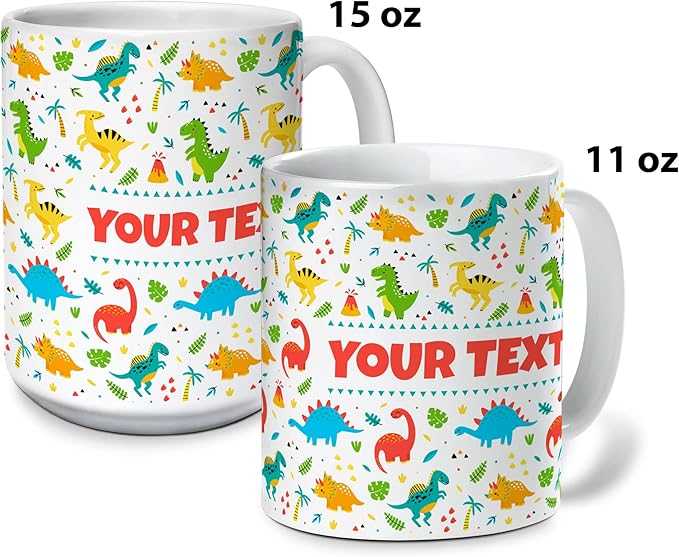 Personalized Mug for Kids - Dinosaurs - Custom Name/Text, Ceramic Hot Chocolate/Cocoa/Coffee Cup for Boys/Girls, Birthday/Christmas/Holiday Gift - 15 oz, Pink Handle