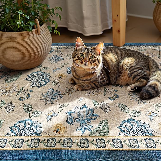 jinchan 2x3 Floral Rug for Entryway Washable Kitchen Rug Vintage Romance Design Small Mat Non Slip Indoor Doormat Lightweight Low-Profile Throw Carpet for Entrance Bathroom Laundry Room, Blue/Beige